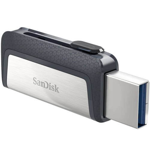 SanDisk 32GB Ultra Dual Drive USB 3.1 – Type-C on-the-go OTG flash drive with USB-C/USB-A connectors.