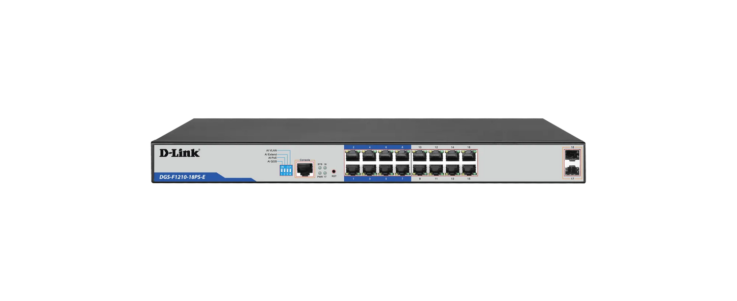 16 PoE 10/100/1000 ports + 2 Gigabit SFP ports Long Range Smart Switch 150W total POE budget; Max Distance 250m