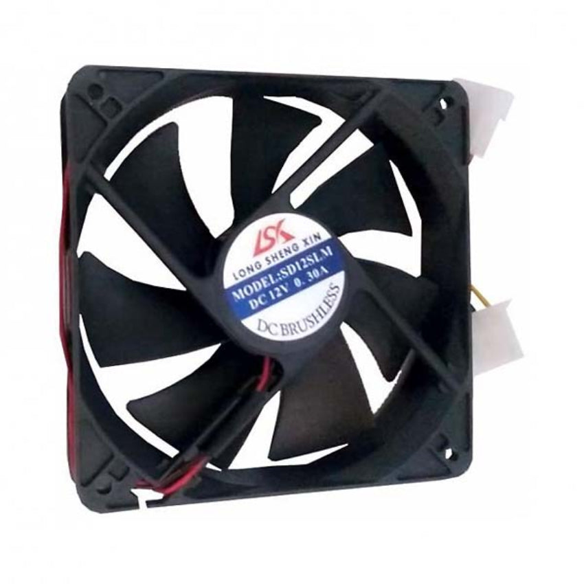 A black 120mm chassis fan for desktop computers with a 4-pin connector.