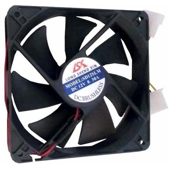 A black 120mm chassis fan for desktop computers with a 4-pin connector.