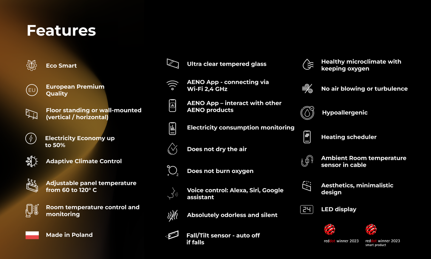 AENO Premium Eco Smart Heater features a sleek design and LED display, perfect for efficient personal heating.