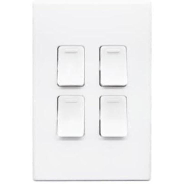 Four rectangular light switches on a white wall plate