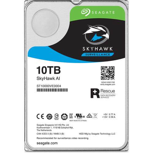 Seagate 10TB SkyHawk AI 7200RPM SATA III 3.5" Internal Surveillance Hard Drive – AI-Optimized, 24/7 Use