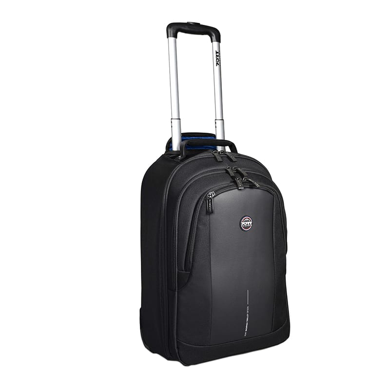Port Chicago Evo Black 15.6" Trolley Backpack by Port designed with a retractable handle and multiple compartments for travel.
