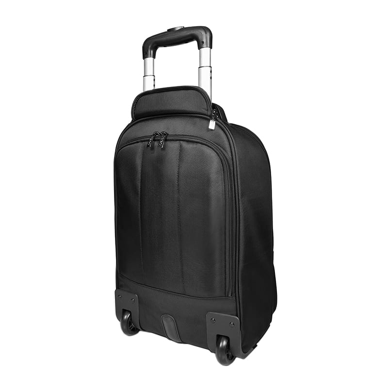 Port Chicago Evo Black 15.6" Trolley Backpack with durable wheels and telescopic handle for versatile travel by Port Chicago Gear