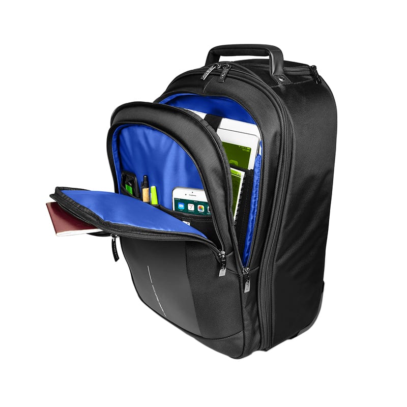Port Chicago Evo Black 15.6" Trolley Backpack with multiple compartments for tech and travel essentials from Port Chicago.