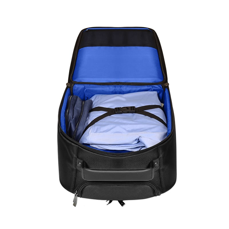 Port Chicago Evo Black 15.6" Trolley Backpack open with neatly packed blue shirt and travel essentials inside.
