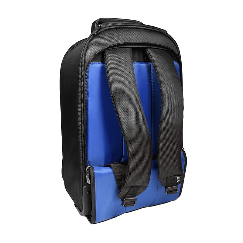 Port Chicago Evo Black 15.6" Trolley Backpack with padded blue back panel and adjustable black straps by Port Chicago.