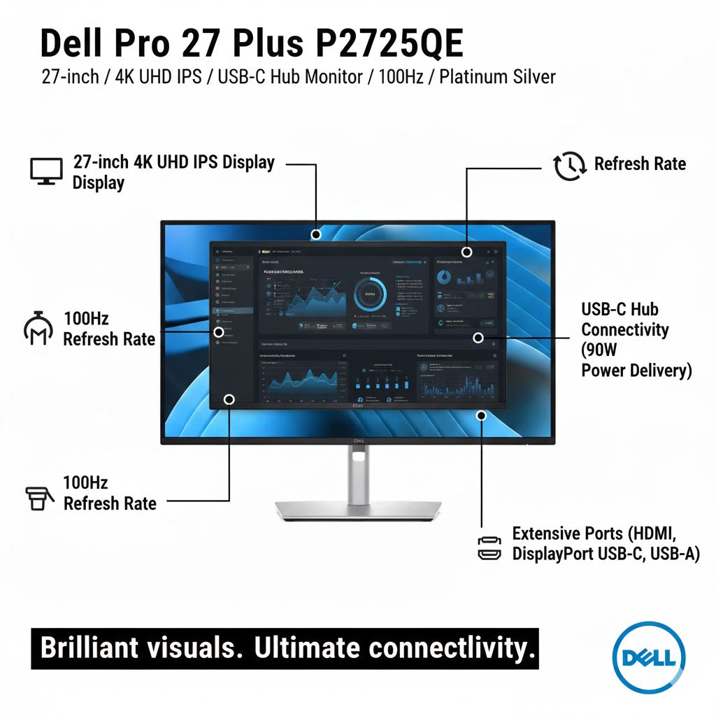 Dell Pro 27 Plus P2725QE 27-Inch 4K UHD IPS USB-C Hub Monitor 100Hz