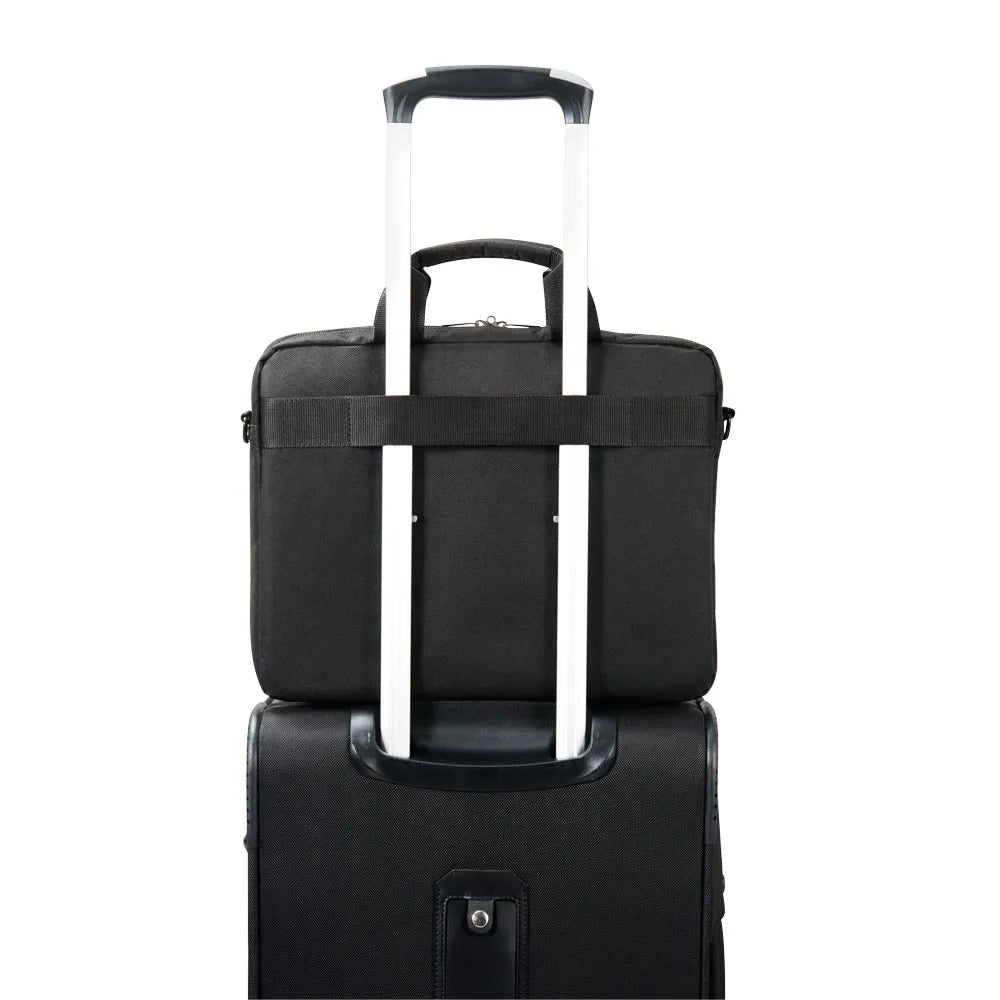 Everki Advance 14" Professional Laptop Briefcase (EKB407NCH14) fits securely on rolling luggage for business travel convenience.