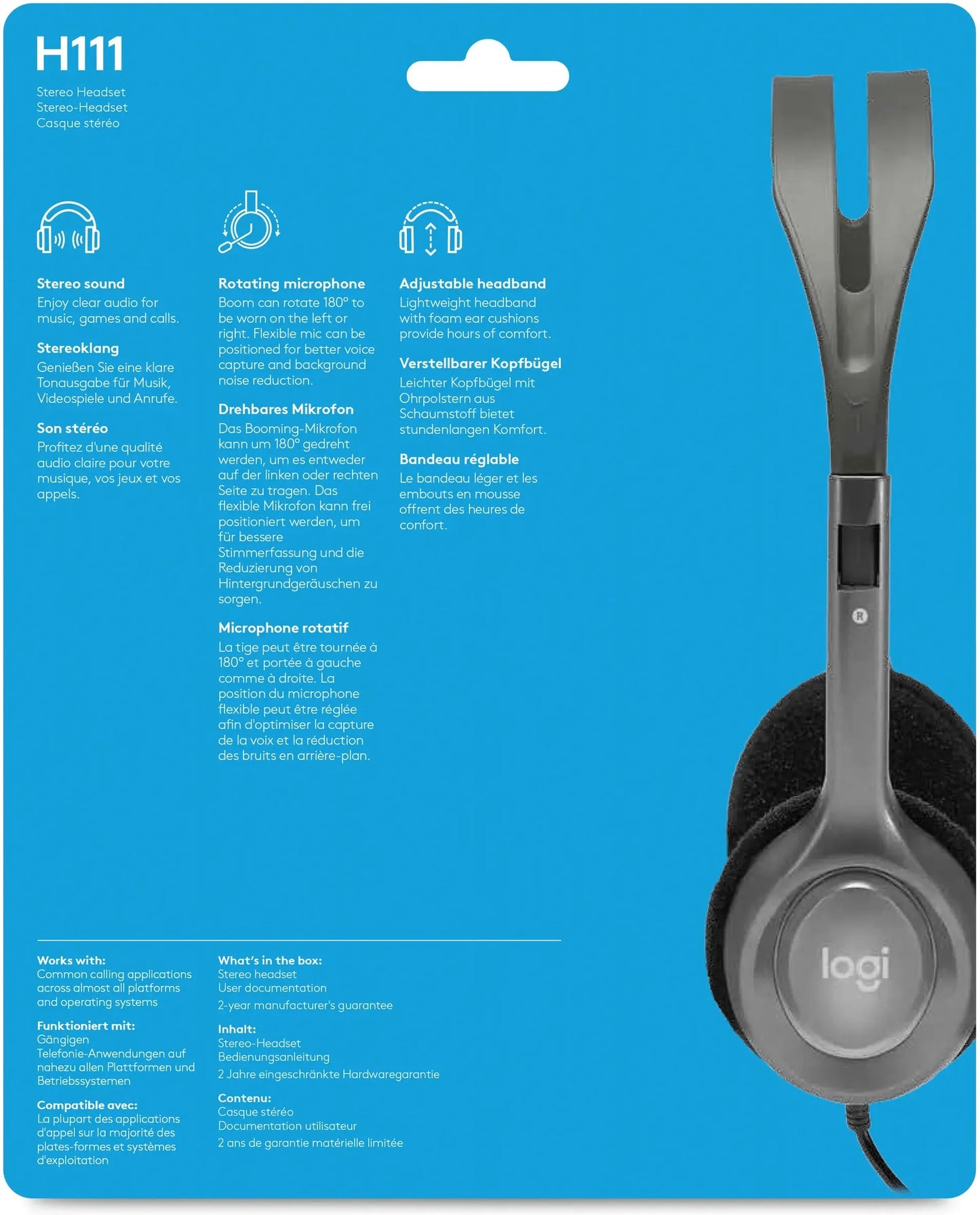 981-000593 - Logitech Headset H111 Analog Stereo Headset One plug Noise Cancelling mic full stereo sound Flexible Rotating Boom