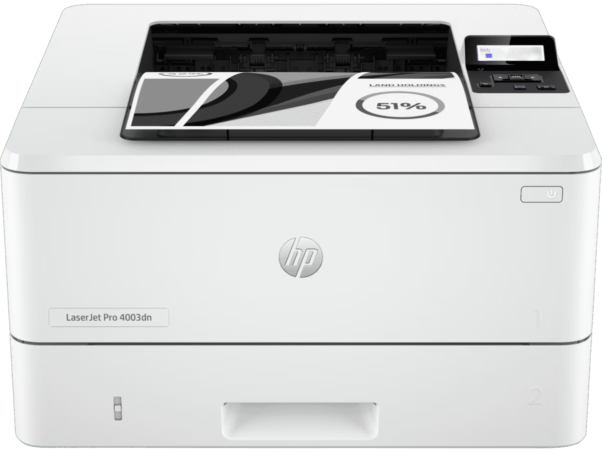 HP LaserJet Pro 4003Dn - High Speed Duplex Printing; white HP laser printer with monochrome output