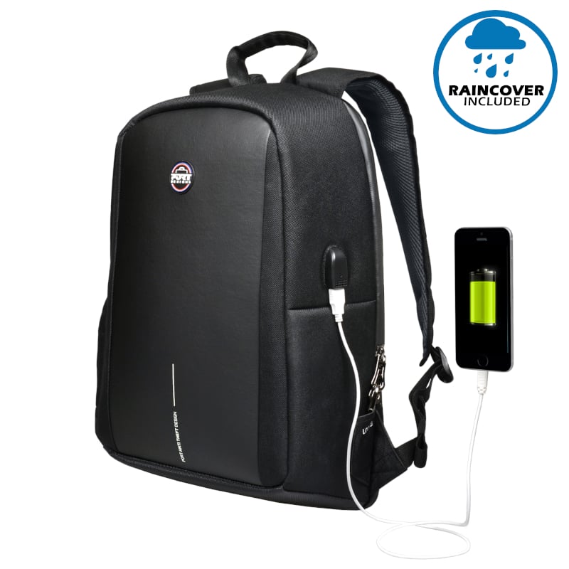 Port Designs Chicago EVO Anti-Theft 13-15.6" Backpack - Black with USB charging port and raincover included