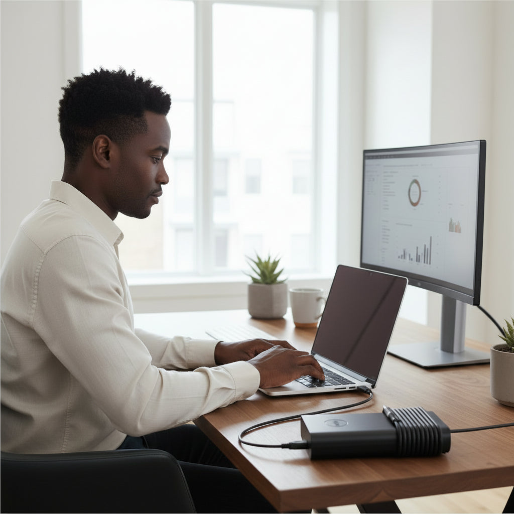 Compact Dell AC adapter with power cord coiled neatly