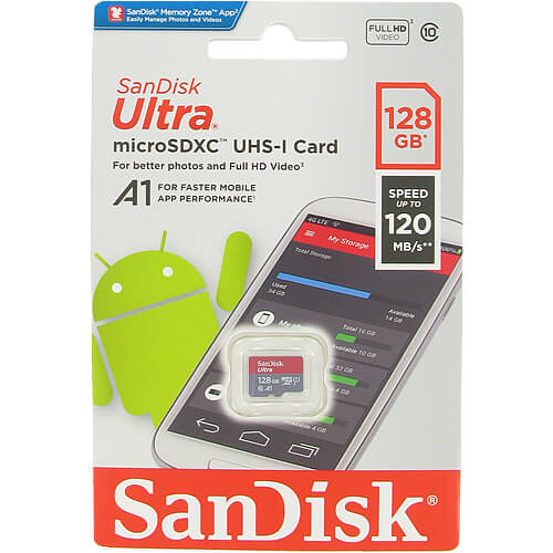 SanDisk 128GB Ultra microSDXC UHS-I Memory Card - C10, U1, A1, 120MB/s - SDSQUAB-128G-GN6MN packaging