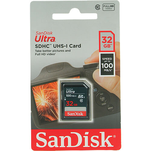 SanDisk Ultra 32GB SDHC Memory Card – Class 10, UHS-I, Up to 100MB/s | SDSDUNR-032G-GN3IN packaging.