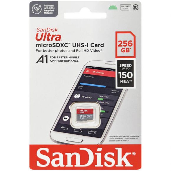 SanDisk Ultra 256GB microSDXC Memory Card – C10, U1, A1, UHS-I – SDSQUAC-256G-GN6MN, fast & reliable storage