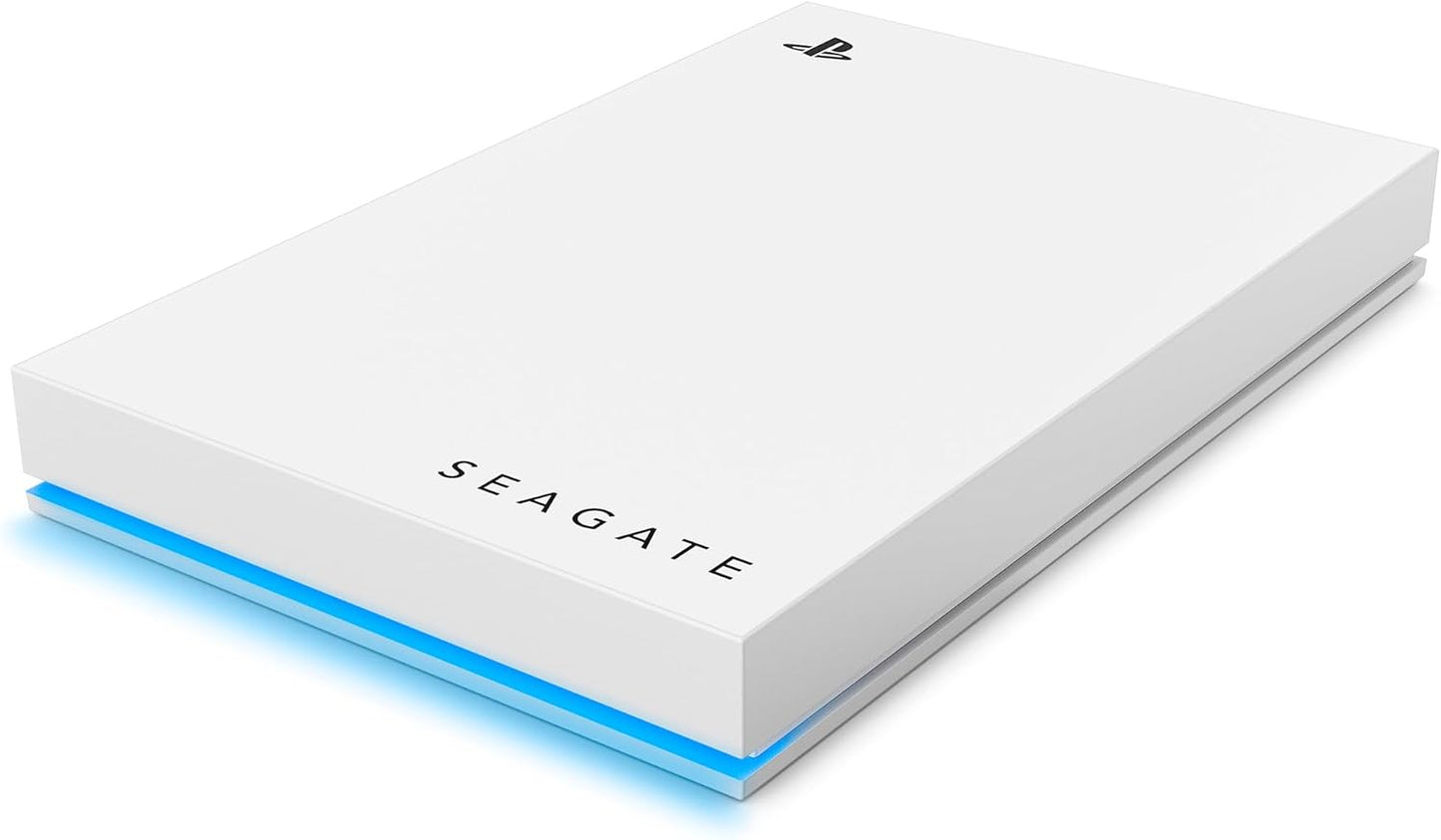 Seagate Game Drive for PS4/PS5 – 5 TB portable external HDD features sleek design with blue LED, perfect for gamers.