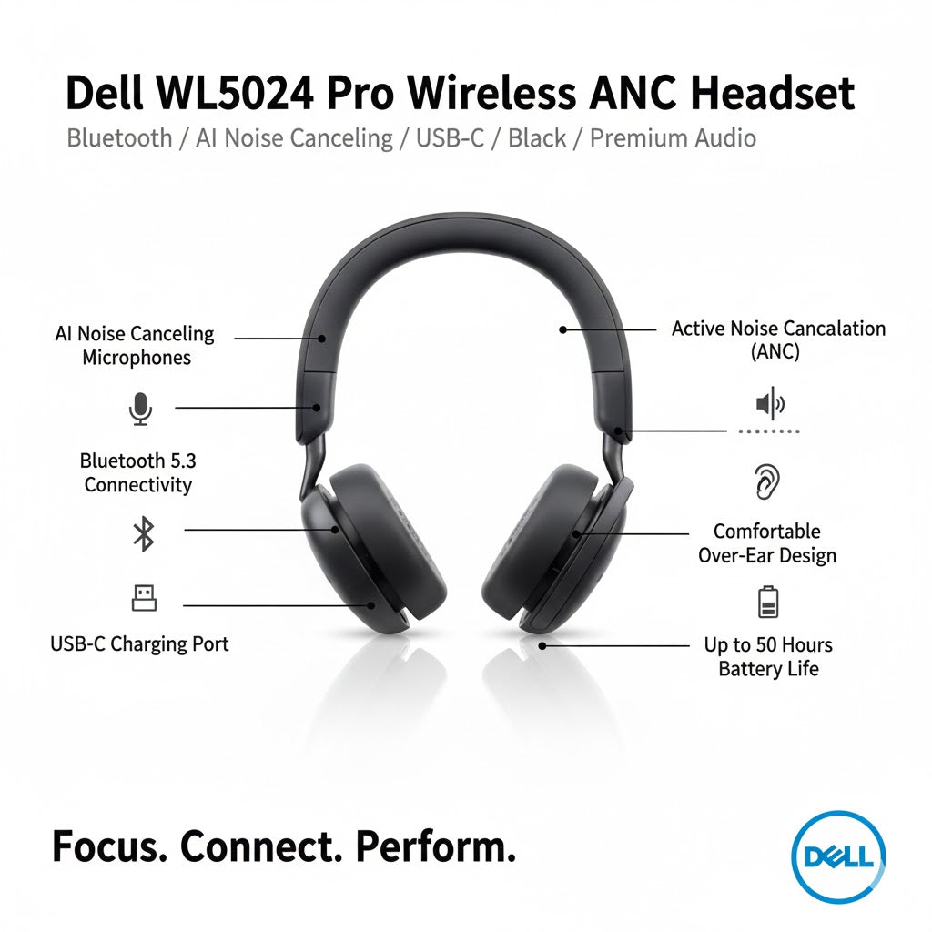 Dell WL5024 Pro Wireless ANC Headset Bluetooth AI Noise Canceling USB-C Black