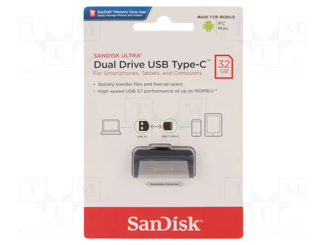 SanDisk 32GB Ultra Dual Drive USB 3.1 – Type-C packaging with dual USB-C/USB-A flash drive by SanDisk