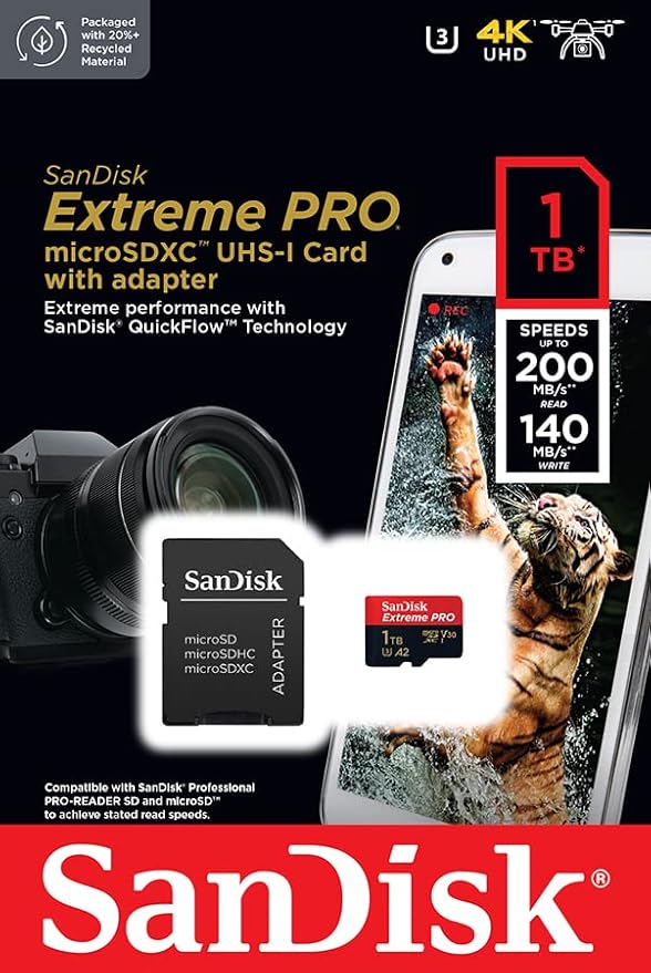 SanDisk Extreme PRO 1TB microSDXC UHS-I Card Adapter – A2, V30, U3, 200MB/s, RescuePRO Included in SanDisk image