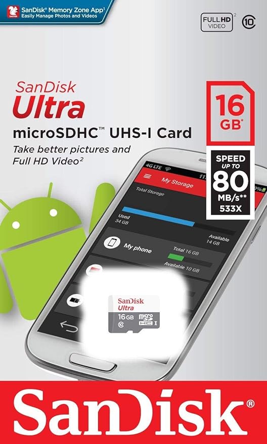 SanDisk Ultra 16GB microSDHC Card – Class 10, UHS-I, 80MB/s – SDSQUNS-016G-GN3MN for Phones – SanDisk