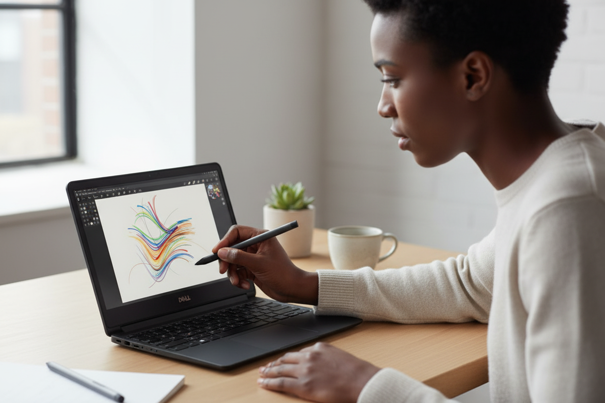 The pen magnetically attached to the side of a compatible Dell laptop.