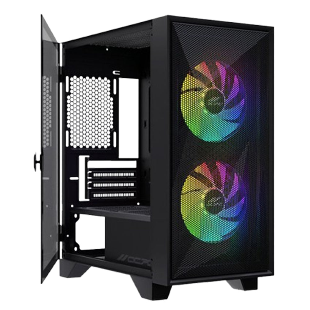 OCPC Mid-Tower Case - Stylish Black Steel and Tempered Glass Design, OCCASAATXBK - No PSU Included, perfect for gamers.