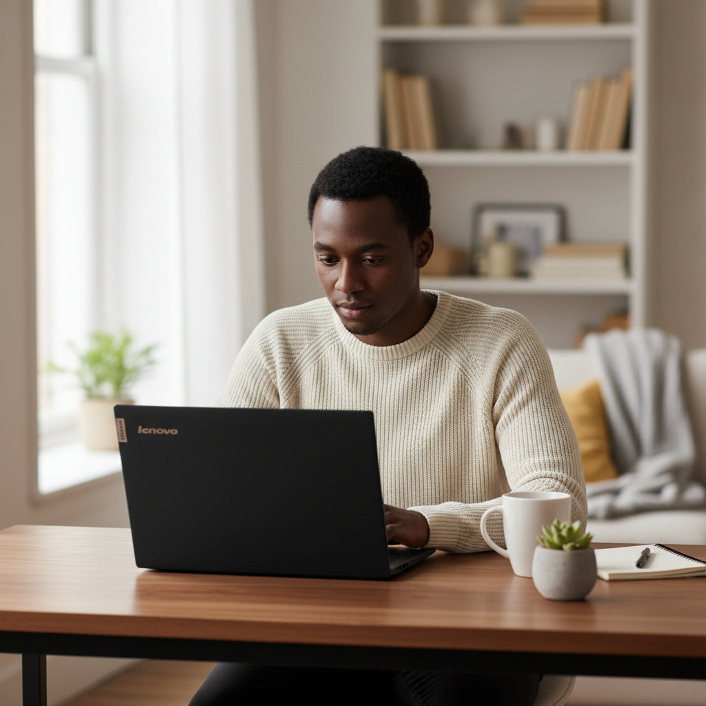 The laptop shown with its included power adapter on a desk.