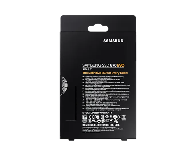 Samsung 870 EVO 500GB 2.5" SATA III SSD – High-Performance Solid State Drive packaging showcasing sleek design and key features.