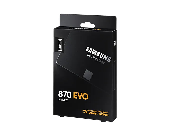 Samsung 870 EVO 500GB 2.5" SATA III SSD – High-Performance Solid State Drive in sleek packaging, ideal for system upgrades.