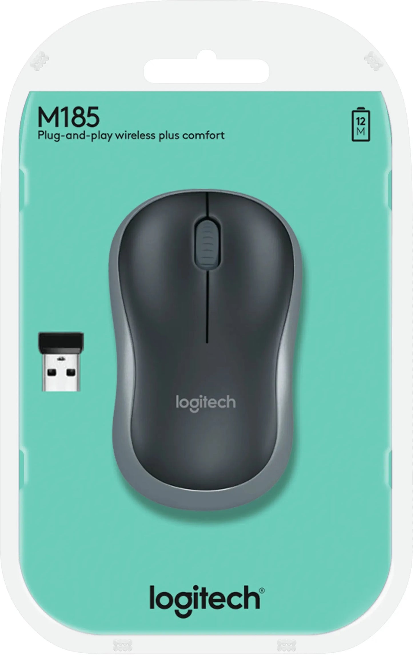 Logitech Wireless Mouse M185 (Black & Swift Grey) Nano USB receiver 3 buttons optical tracking with wheel 10m range 12-month bat