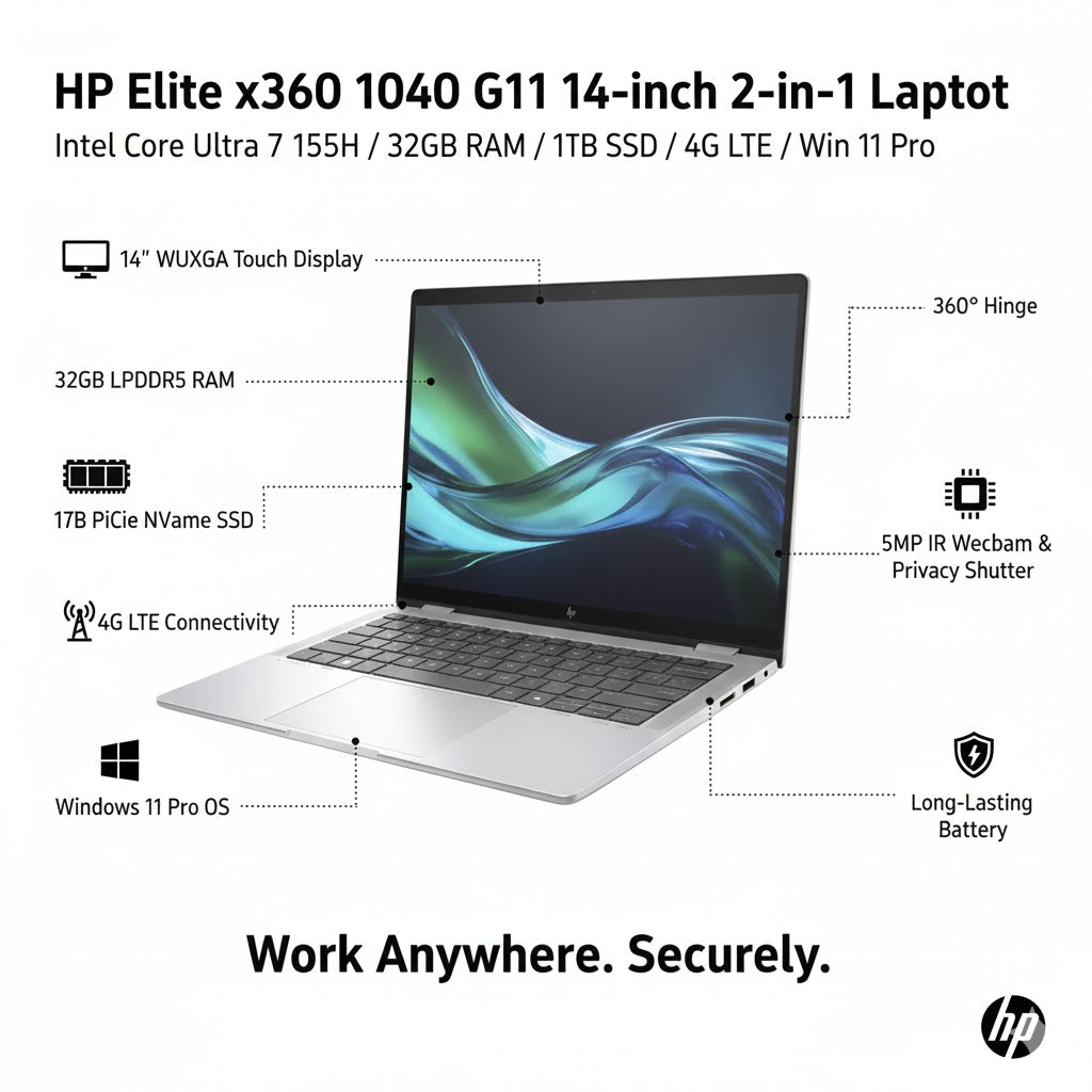 HP Elite x360 1040 G11 14 WUXGA 2-in-1 Core Ultra 7 155H 32GB 1TB 4G Win11 Pro