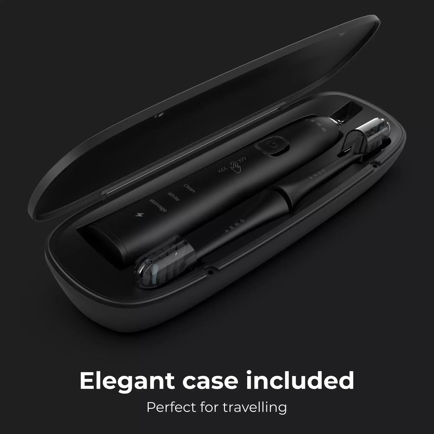Black Aeno DB4 electric toothbrush in an open case on a dark background
