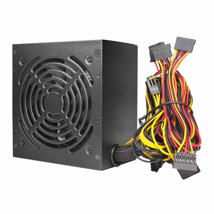 Computer power supply unit with cables on a white background