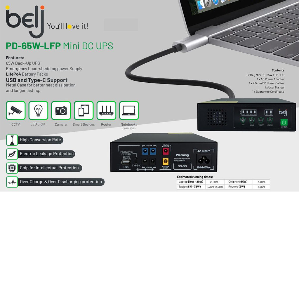 The UPS in a home network setup with various cables connected.