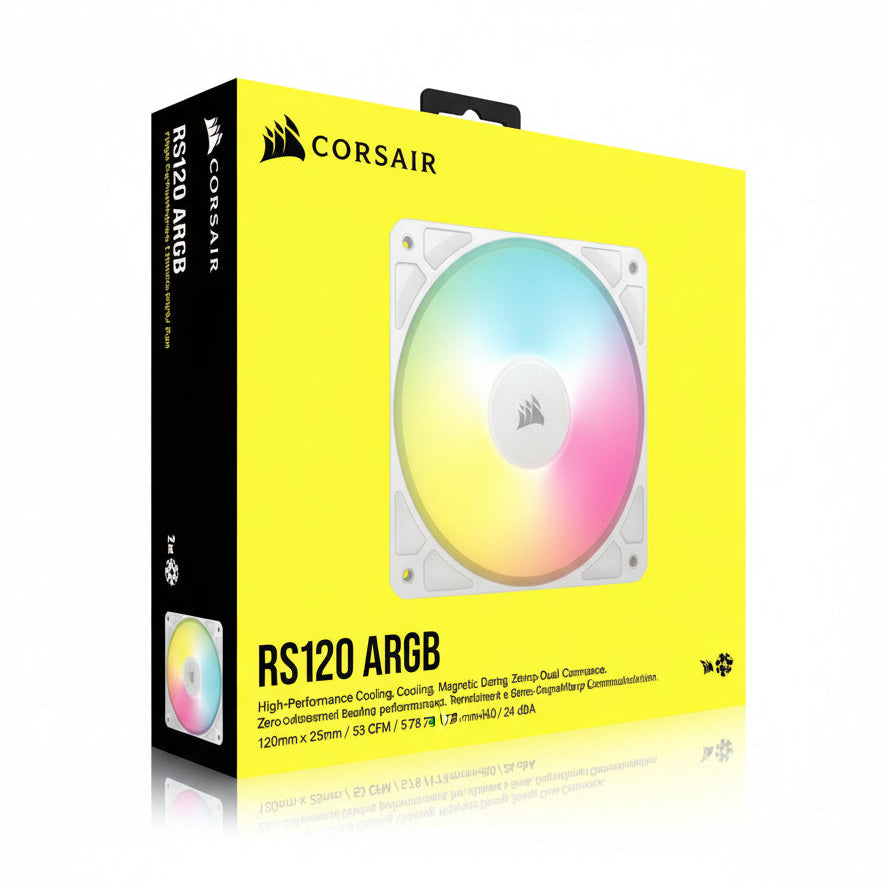Corsair RS120 ARGB fan packaging with colorful design on a yellow background