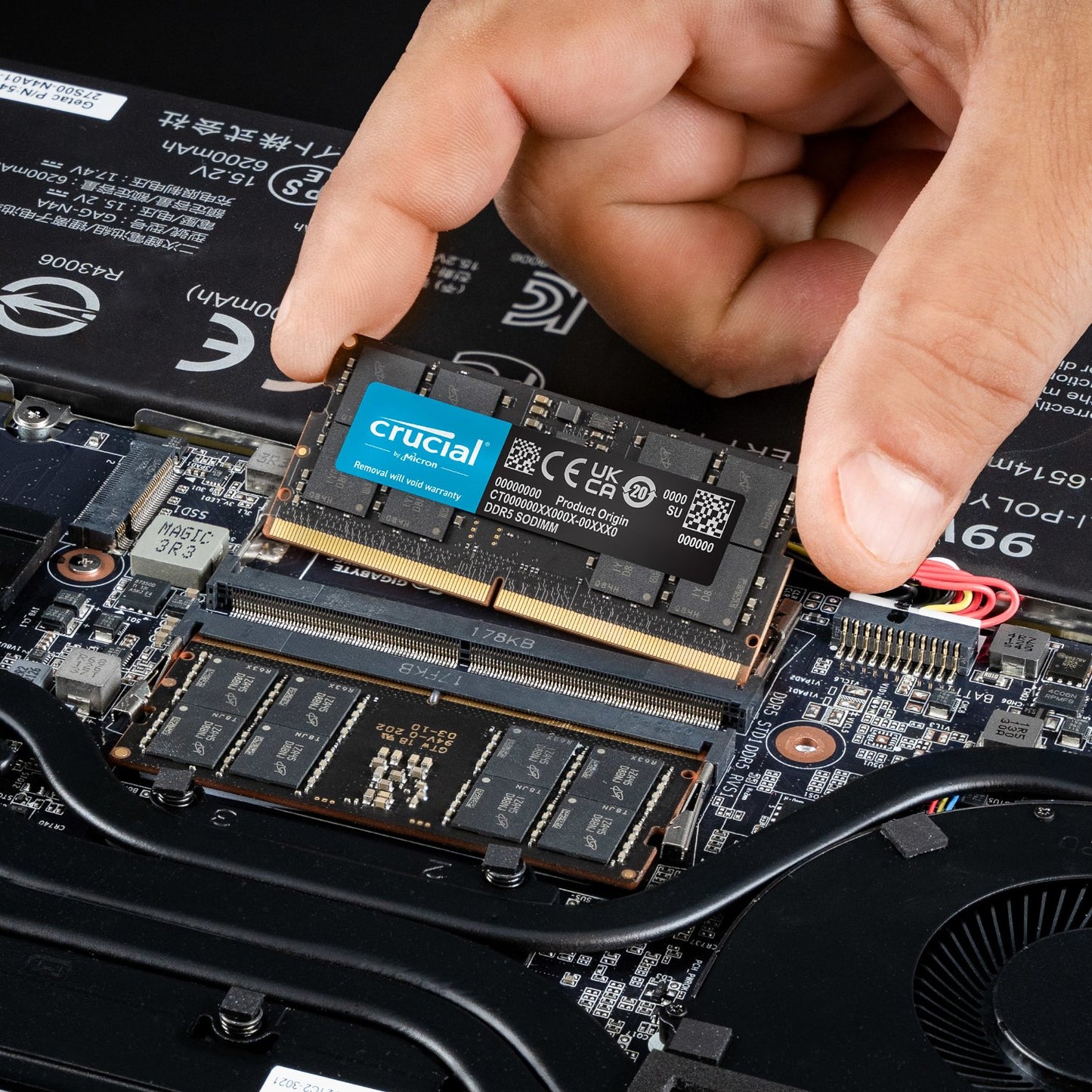 Crucial 64GB DDR5‑5600MHz CL46 262‑Pin SO‑DIMM Laptop Memory being installed for enhanced performance.