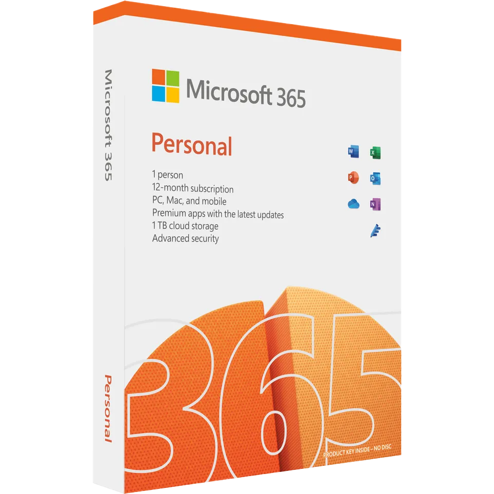 Microsoft 365 Personal software box cover shown at a slight angle on a white background, with Microsoft branding, orange accents, and product details printed on the front and spine.