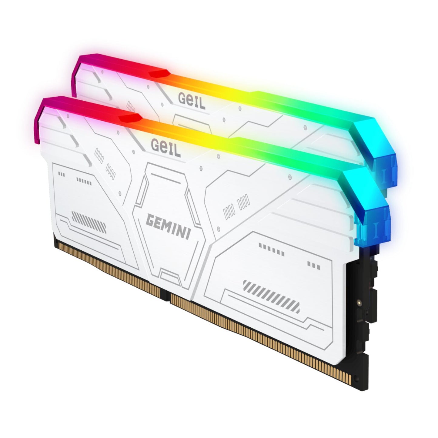 GeiL Gemini RGB 32GB KIT(2X16GB) 6000MHz DDR5 Desktop Gaming Memory - White with vibrant RGB lighting for AMD systems.