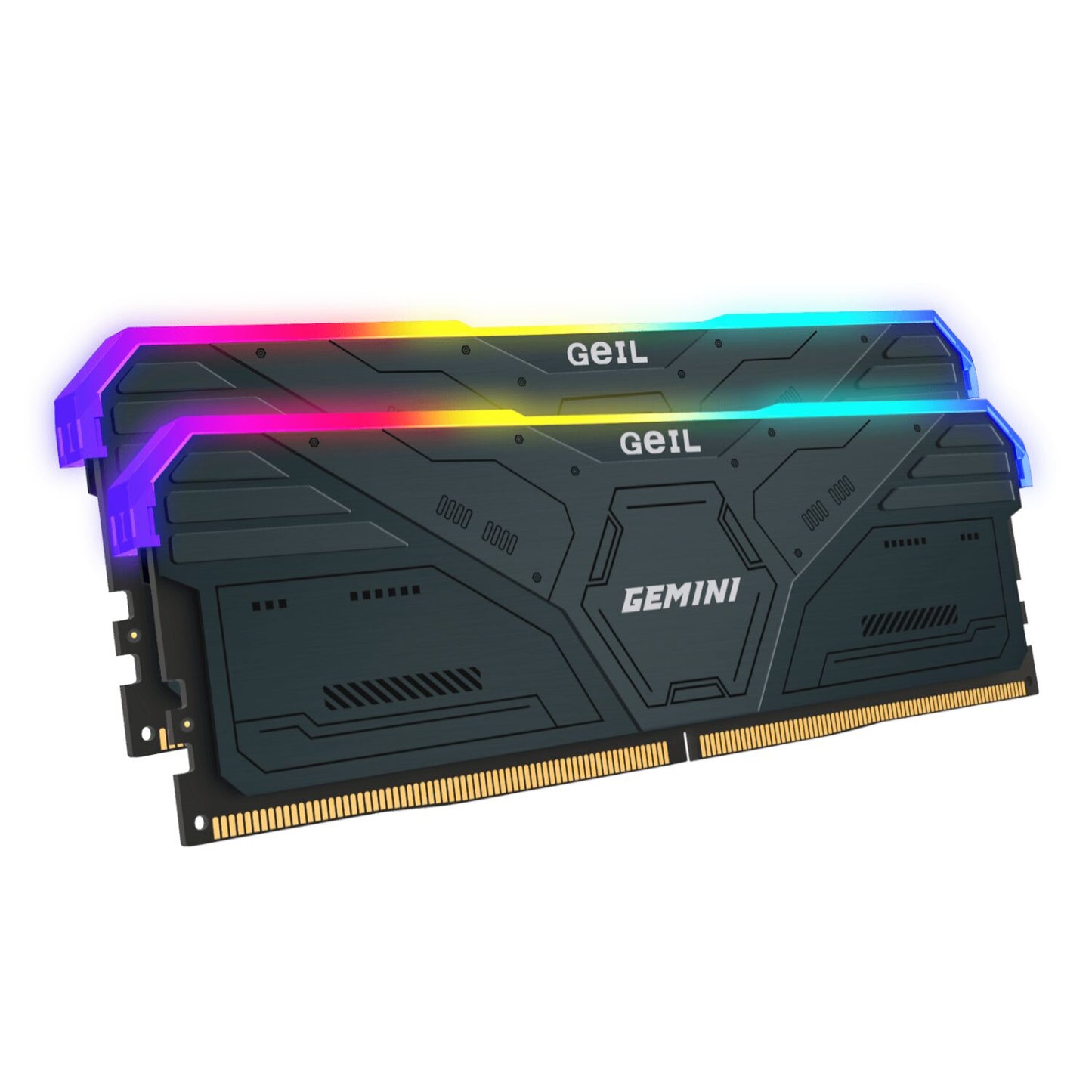 Geil Gemini RGB 32GB KIT(2X16GB) 6000MHz DDR5 Desktop Gaming Memory - Grey with vibrant RGB lighting and sleek design.