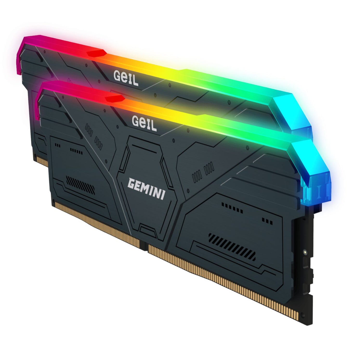 Geil Gemini RGB 32GB KIT(2X16GB) 6000MHz DDR5 Desktop Gaming Memory - Grey with vibrant RGB lighting for AMD systems.