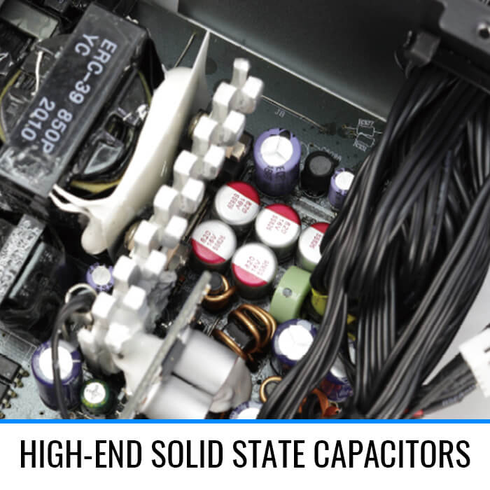 High-end solid capacitors in the Aerocool KCAS PLUS Gold 650W RGB PSU - 80 Gold, Fully Modular, Silent Fan, RGB Lighting.