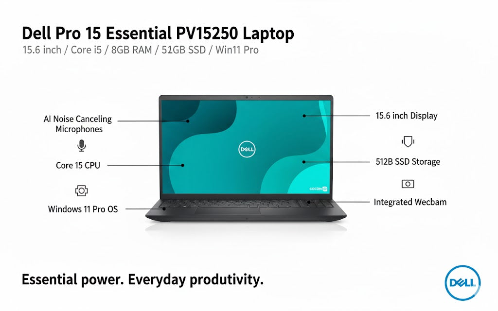 Dell Pro 15 Essential PV15250 Laptop 15.6 inch Core i5 8GB 512GB SSD Win11 Pro
