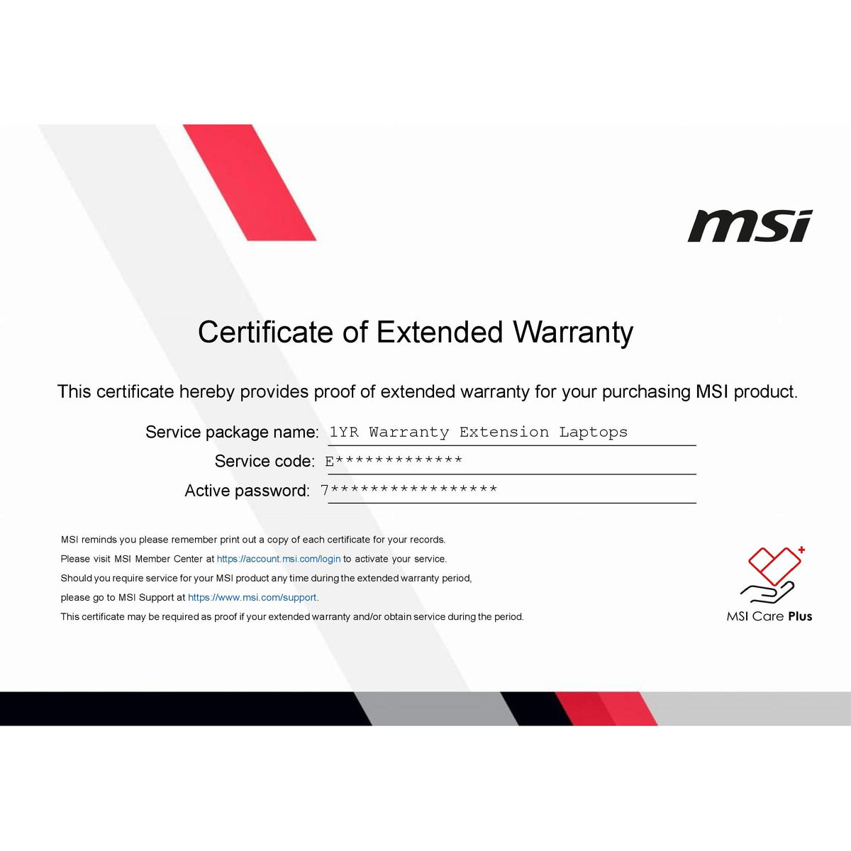 MSI LAPTOP 12 MONTH (1 YEAR) EXTENSION WARRANTY - SA ONLY. MSI PORTAL ACTIVATION IS REQUIRED TO CLAIM EXTENSION.