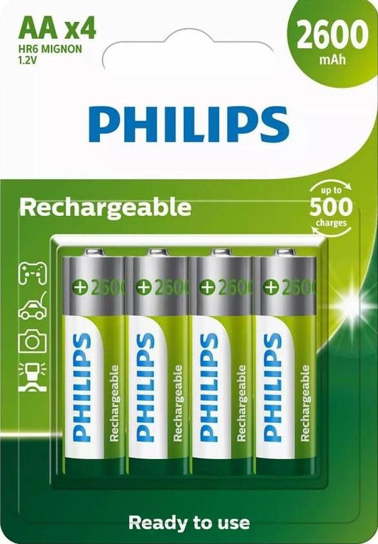 Philips Eco-Friendly Rechargeable AA Batteries (4-Pack) 2600mAh