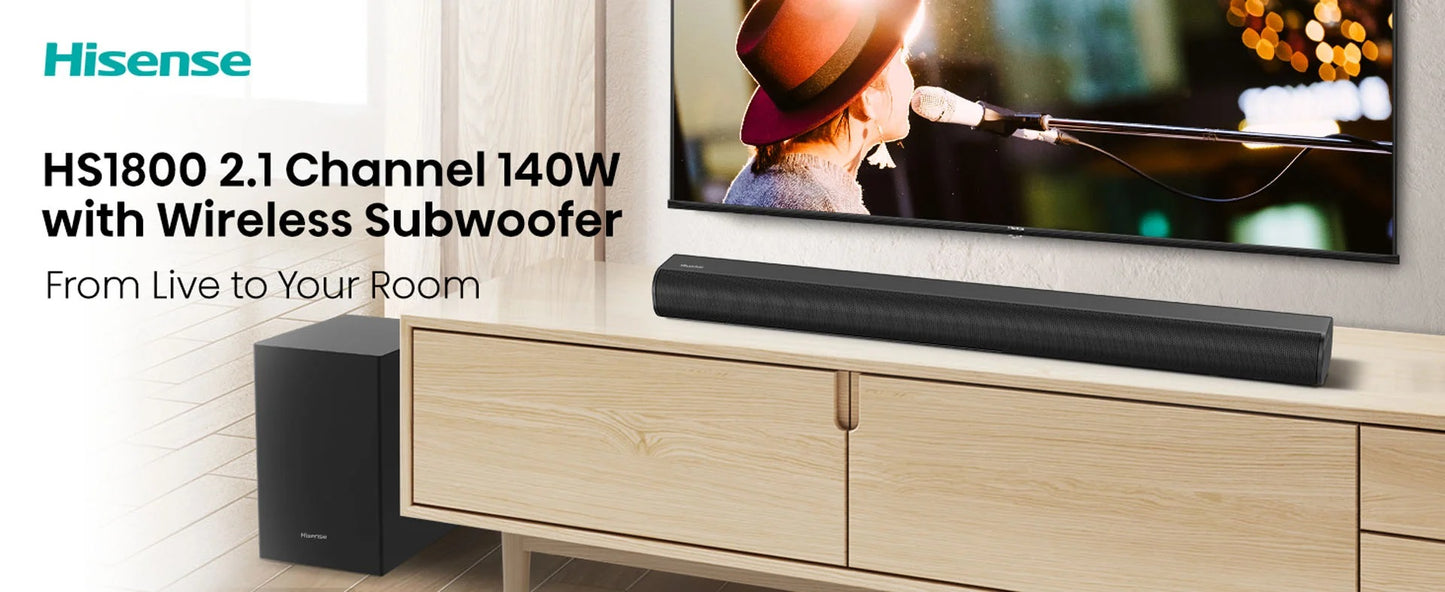 Pre-Loved Hisense HS1800 Soundbar - 140W 2.1 channel sound system, enhancing your audio experience effortlessly.