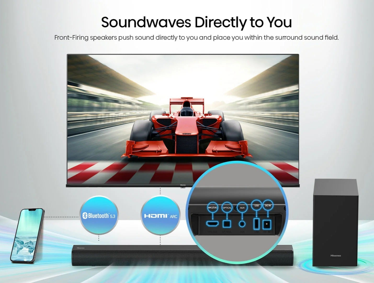 Enhance your audio with the Pre-Loved Hisense HS1800 Soundbar - 140W 2.1 channel sound system featuring Bluetooth.