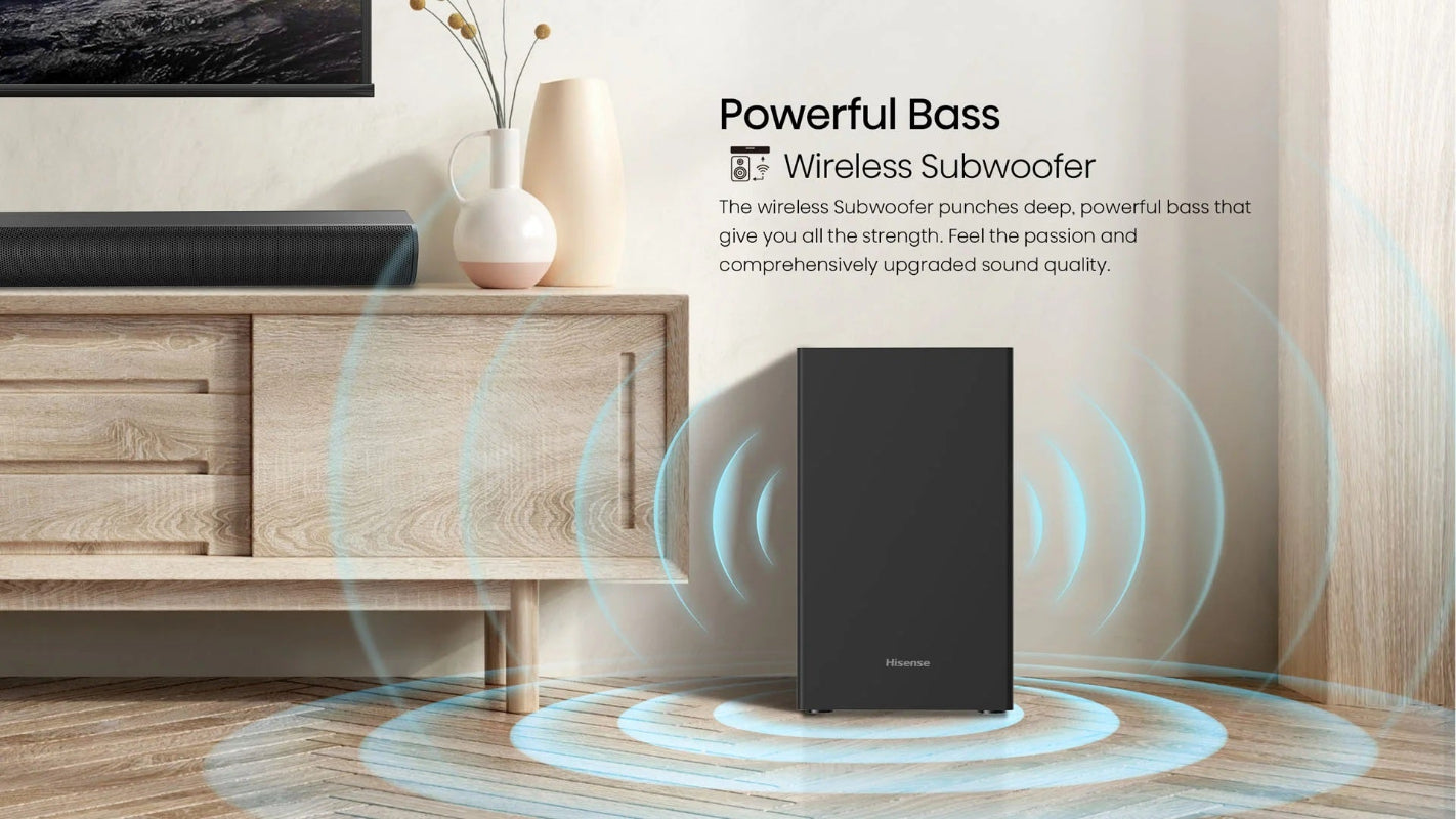 Transform your audio with the Pre-Loved Hisense HS1800 Soundbar - 140W 2.1 channel sound system and wireless subwoofer.