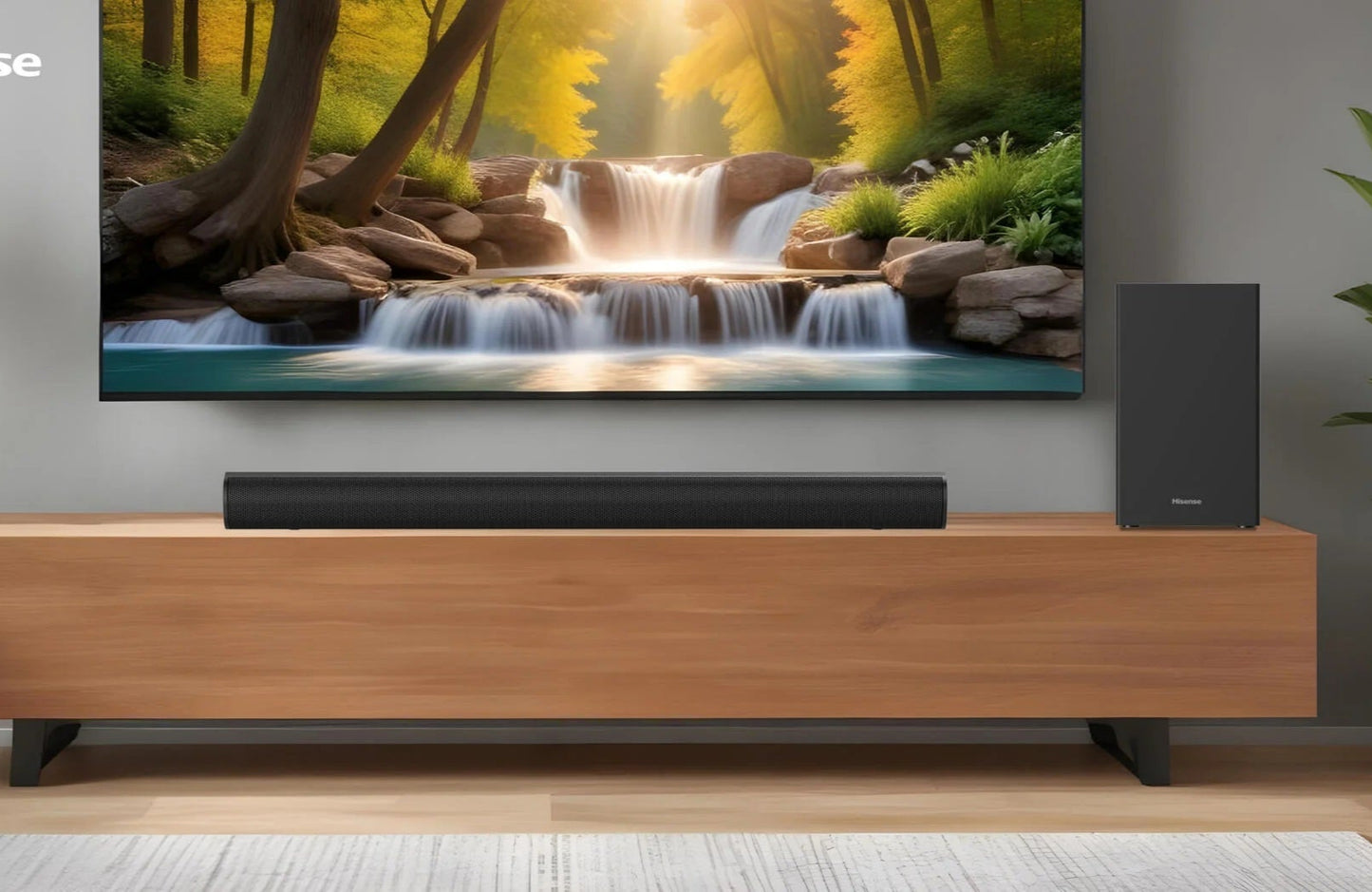 Upgrade your audio with the Pre-Loved Hisense HS1800 Soundbar - 140W 2.1 channel sound system featuring a wireless subwoofer.